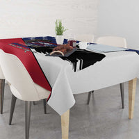 Star-and-stripe tablecloth with black portrait graphic on red, white, and blue