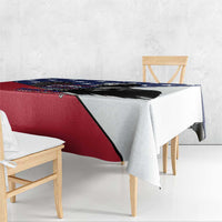 Patriotic tablecloth border design, red diagonal stripe on white with blue top