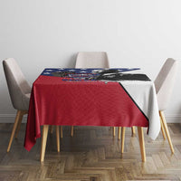 Blue-top and red-bottom tablecloth with star banner and MLK portrait print