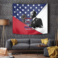 MLK Day tapestry, rectangular blue/red/white flag design with MLK portrait and stars