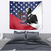 MLK Day tapestry with star field, blue-red-white diagonal flag and MLK silhouette