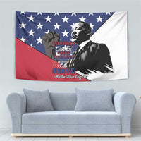 MLK Day tapestry close view: stars, diagonal blue-red flag, MLK portrait and quote
