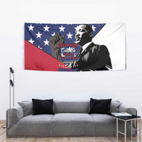 MLK Day tapestry with starry blue-red-white design featuring MLK silhouette and quote
