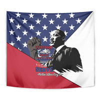 MLK Day tapestry, close-up diagonal flag colors with MLK portrait and service quote