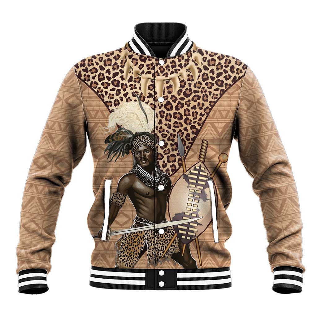 Brown varsity baseball jacket with leopard print warrior graphic and black ribbed collar