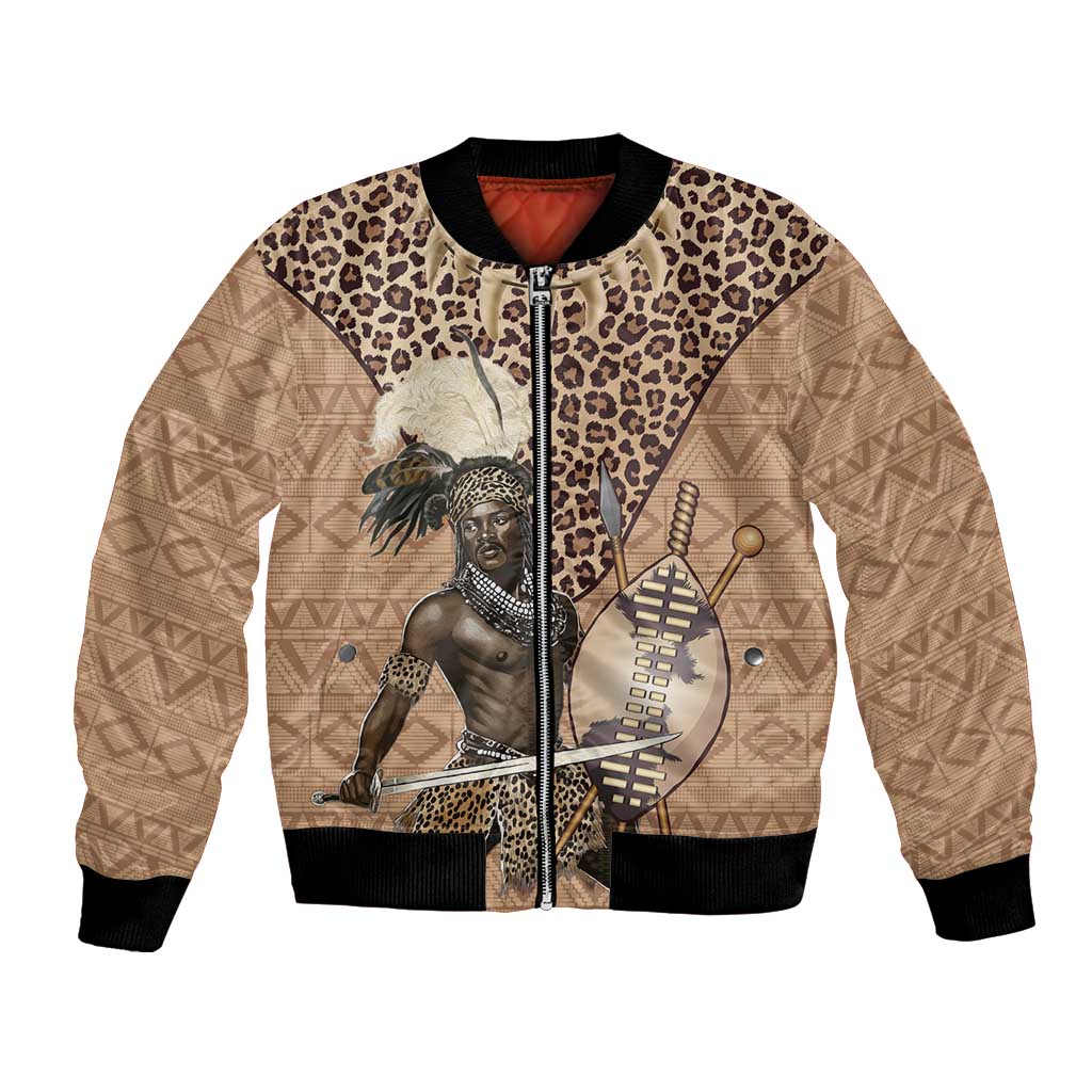 Unisex brown bomber jacket with leopard print and warrior graphic, black ribbed hem and cuffs