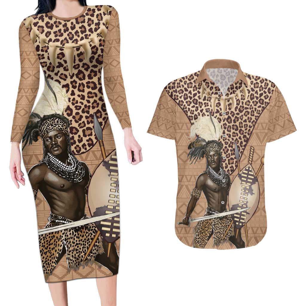 South Africa Zulu People Couples Matching Long Sleeve Bodycon Dress and Hawaiian Shirt Zulu Warrior - Wonder Print Shop