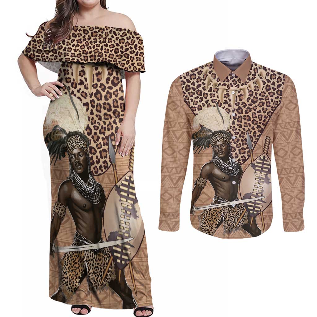 South Africa Zulu People Couples Matching Off Shoulder Maxi Dress and Long Sleeve Button Shirt Zulu Warrior - Wonder Print Shop