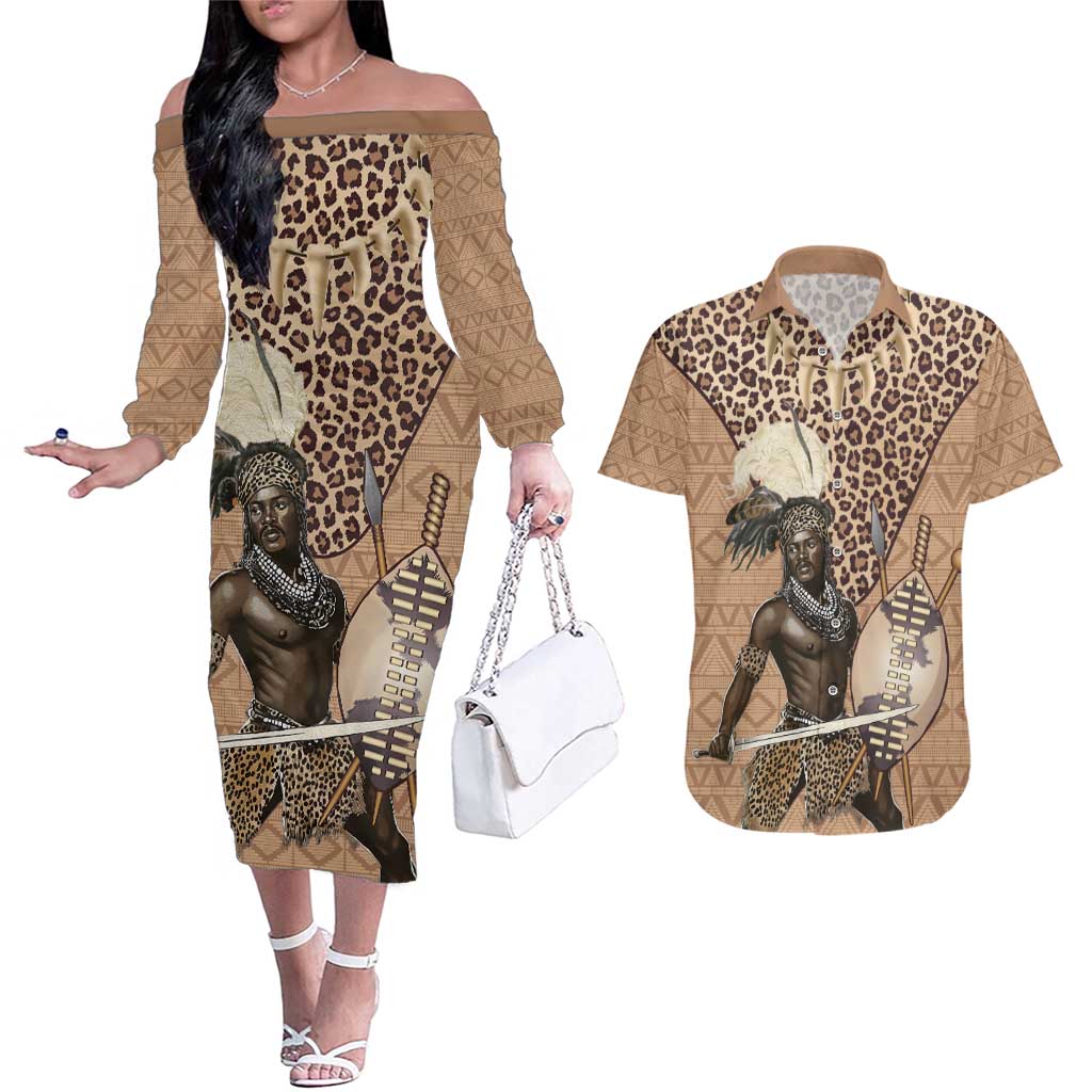 South Africa Zulu People Couples Matching Off The Shoulder Long Sleeve Dress and Hawaiian Shirt Zulu Warrior - Wonder Print Shop