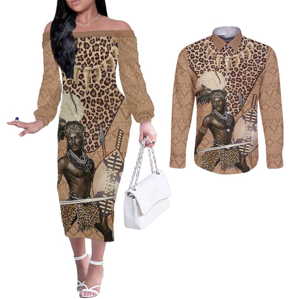 South Africa Zulu People Couples Matching Off The Shoulder Long Sleeve Dress and Long Sleeve Button Shirt Zulu Warrior