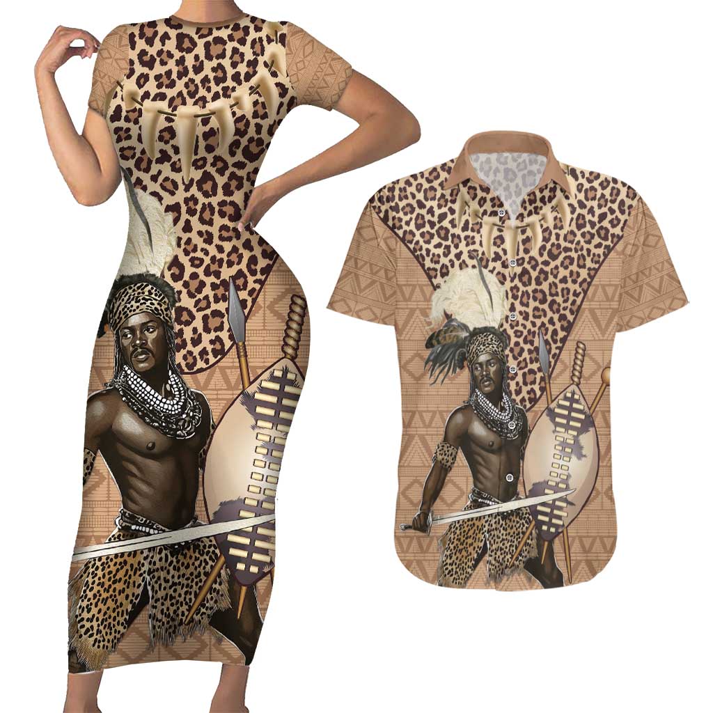 South Africa Zulu People Couples Matching Short Sleeve Bodycon Dress and Hawaiian Shirt Zulu Warrior - Wonder Print Shop