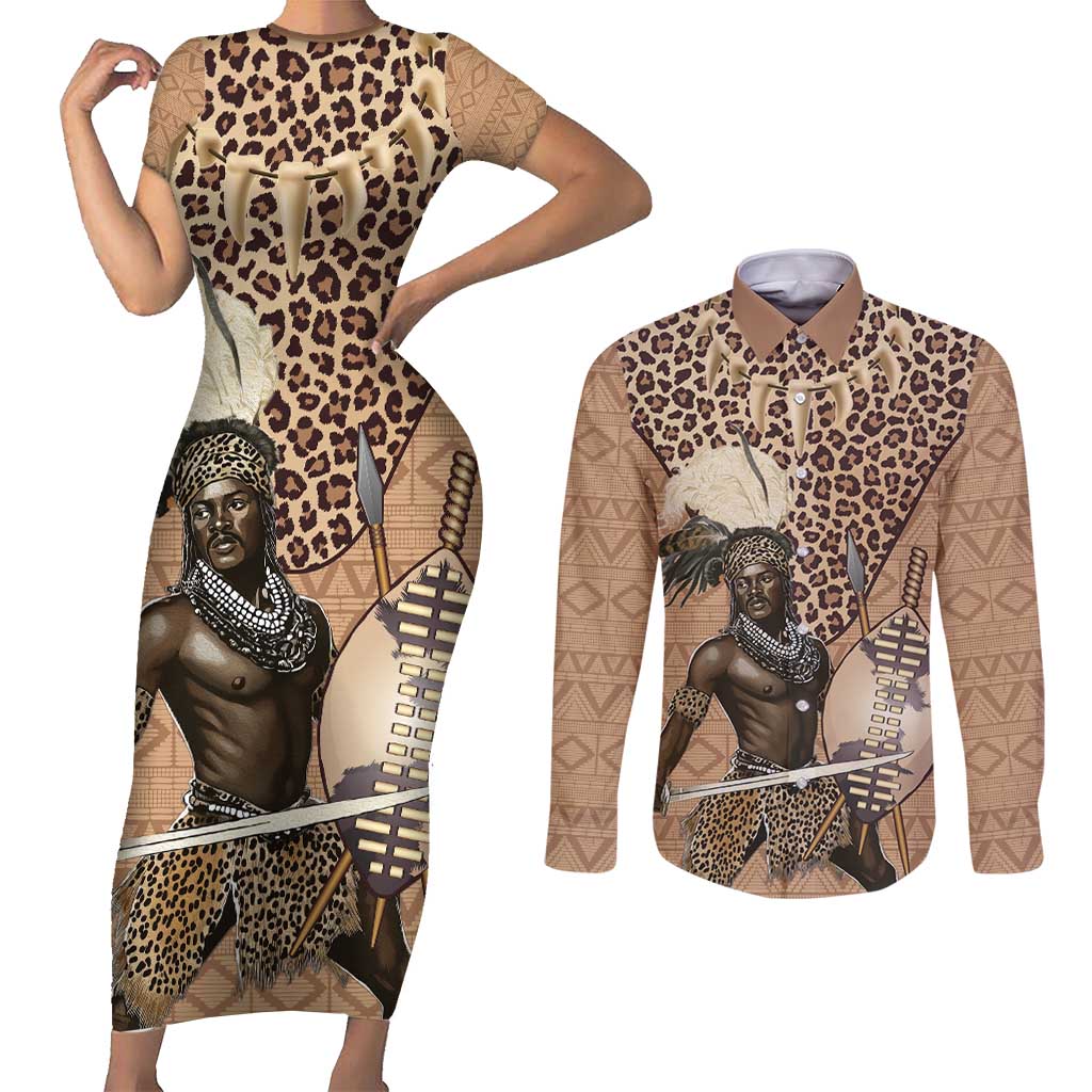 South Africa Zulu People Couples Matching Short Sleeve Bodycon Dress and Long Sleeve Button Shirt Zulu Warrior - Wonder Print Shop