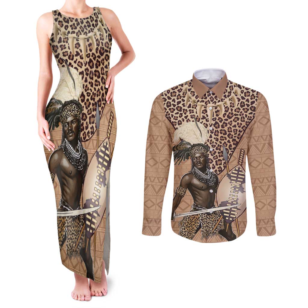 South Africa Zulu People Couples Matching Tank Maxi Dress and Long Sleeve Button Shirt Zulu Warrior - Wonder Print Shop