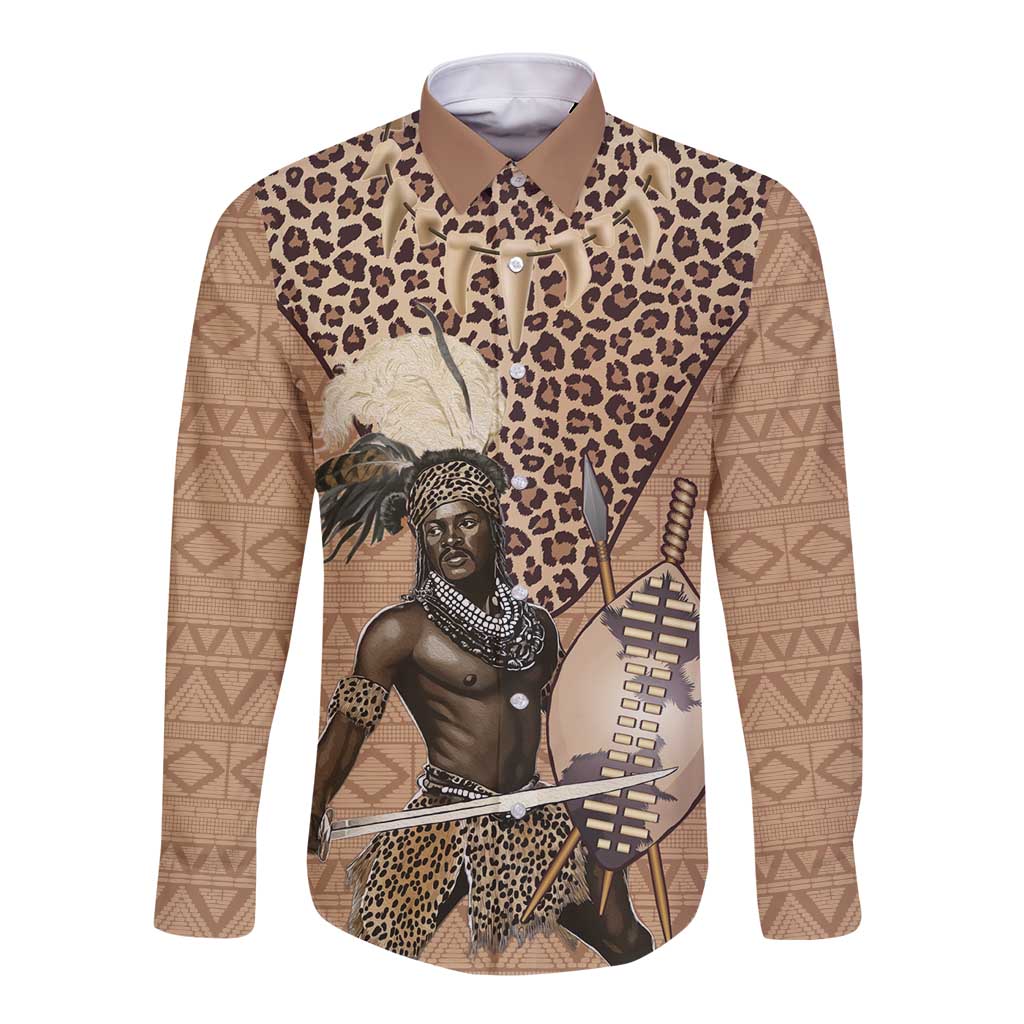 Brown long-sleeve button shirt with leopard print and warrior graphic on front