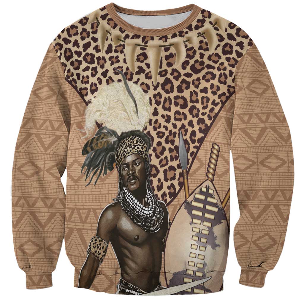 Unisex brown sweatshirt with leopard print and warrior portrait graphic on front