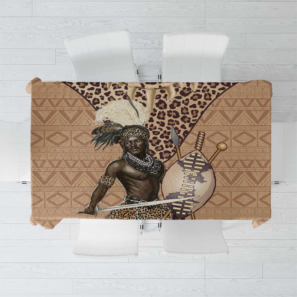 Brown Zulu warrior tablecloth with leopard-print accents and tribal geometric border