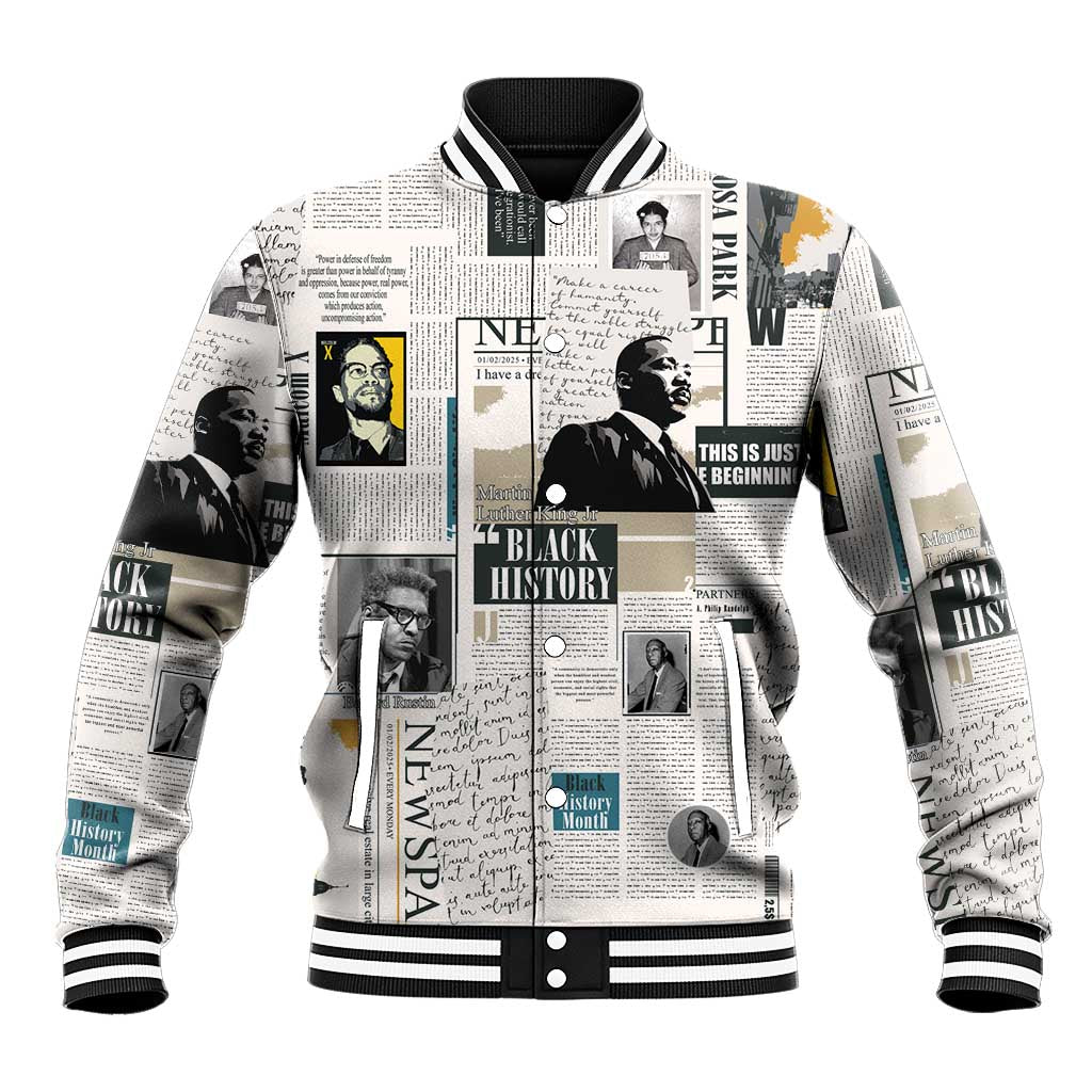 White baseball jacket with black-and-white newspaper print, striped ribbed collar and cuffs