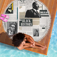 Circular fringe beach blanket with newspaper collage print and Martin Luther King Jr portrait