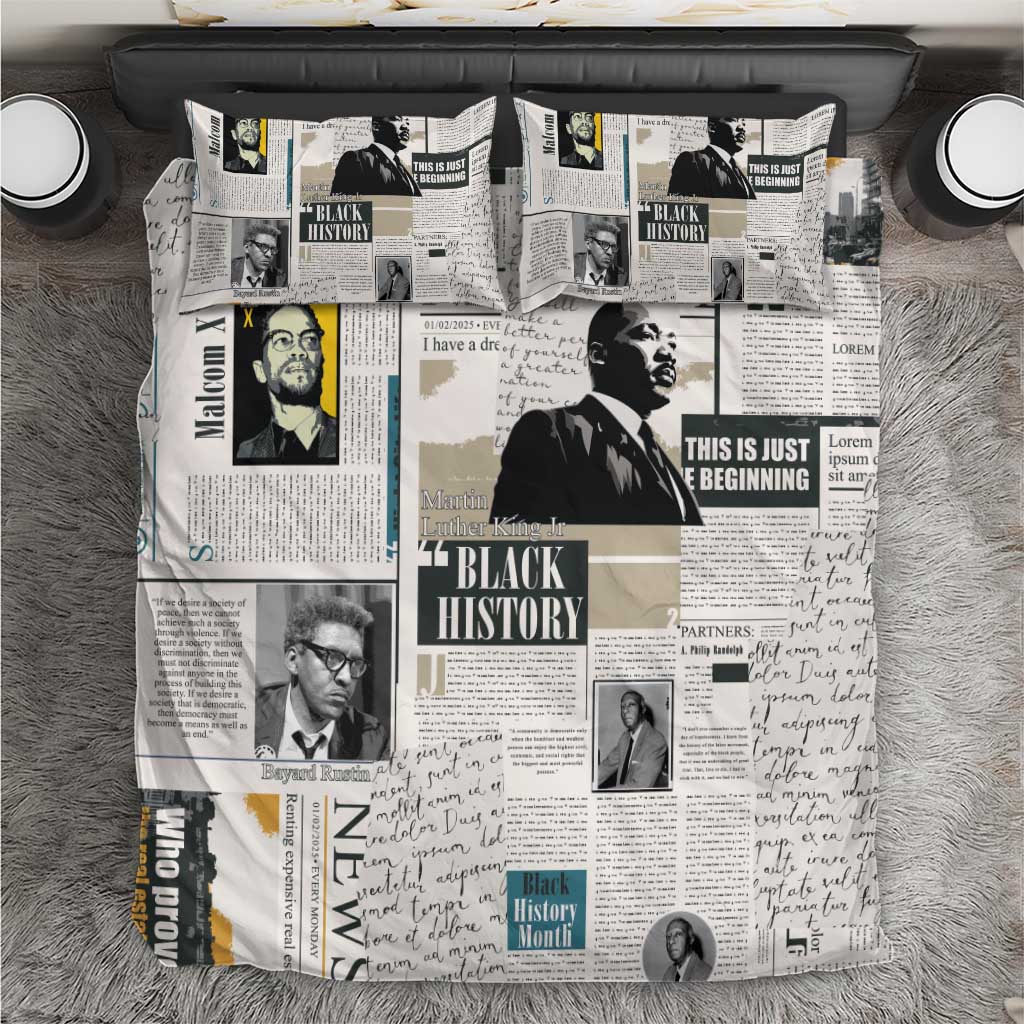 Newspaper print duvet cover with black-and-white portraits and yellow accents on bed