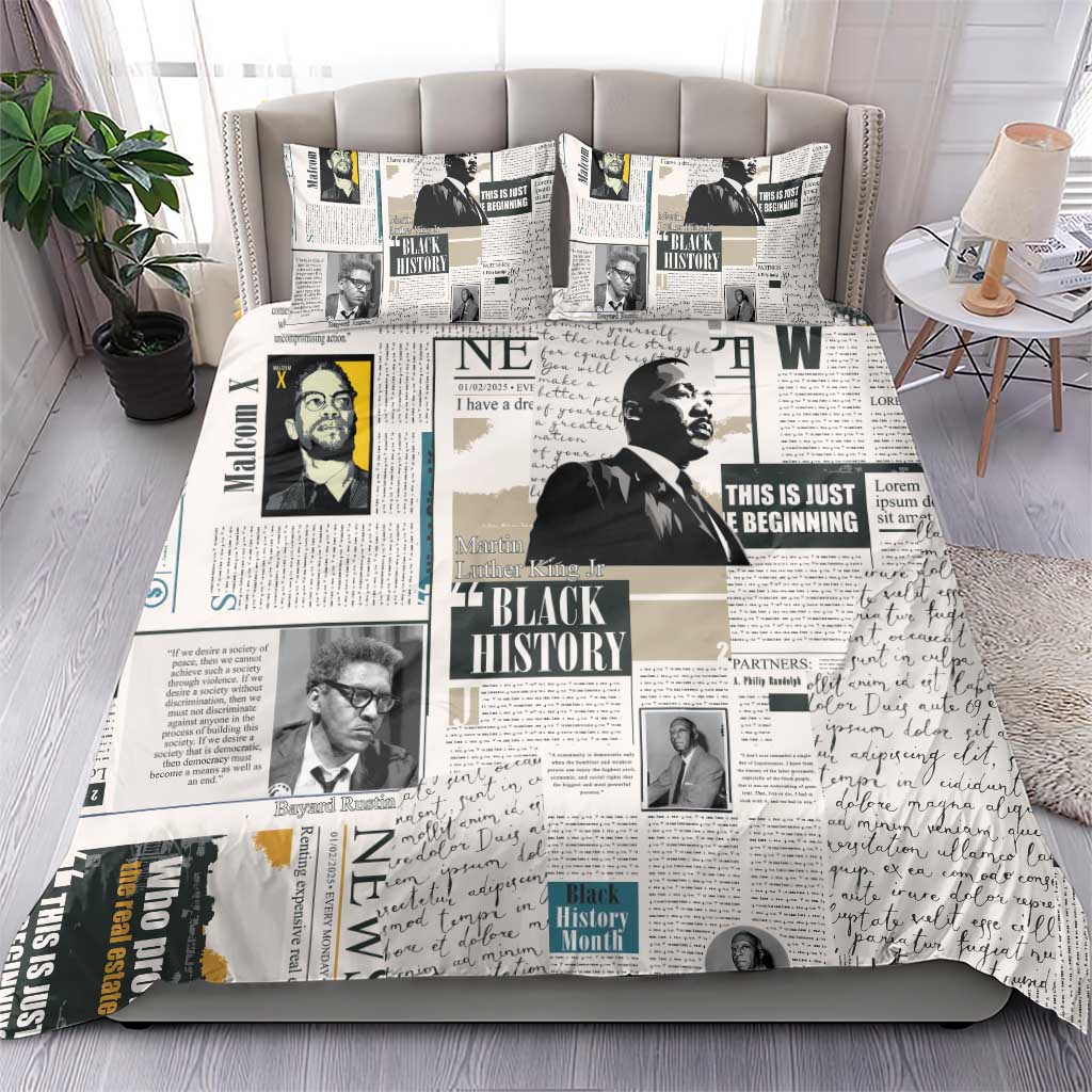 Newspaper print bedding set with duvet and pillowcases, black-and-white leaders and yellow accents
