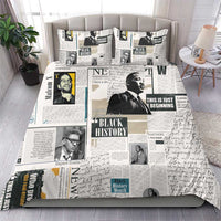 Newspaper print bedding set with duvet and pillowcases, black-and-white leaders and yellow accents