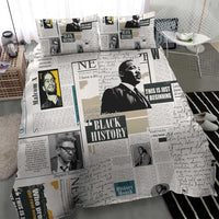 Newspaper print duvet cover featuring black-and-white portraits and headline-style text