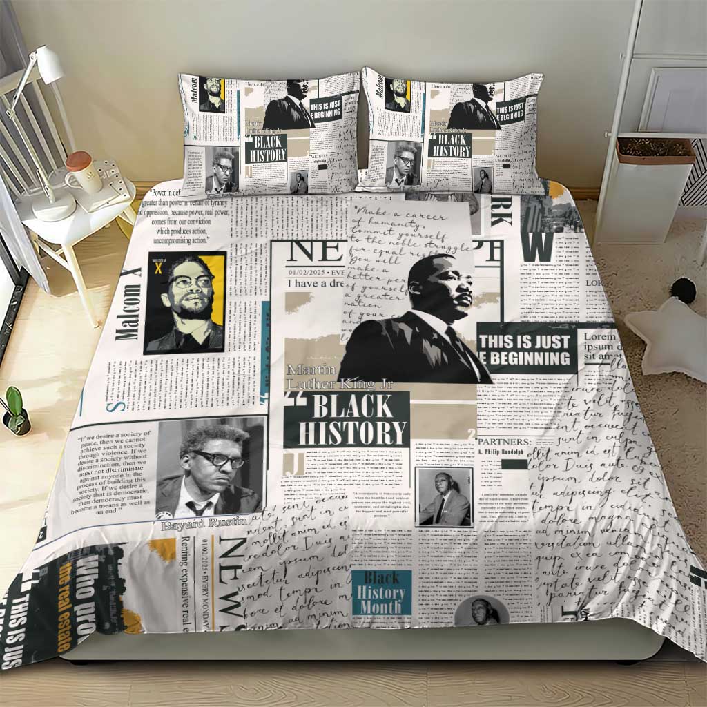 Newspaper print duvet cover and pillow set with black-and-white portrait panels