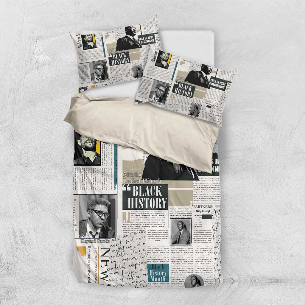 Newspaper print bedding set with duvet cover and pillowcases, black-and-white portraits