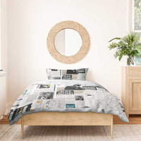 Newspaper print duvet cover with black-and-white portrait design and headline-style text