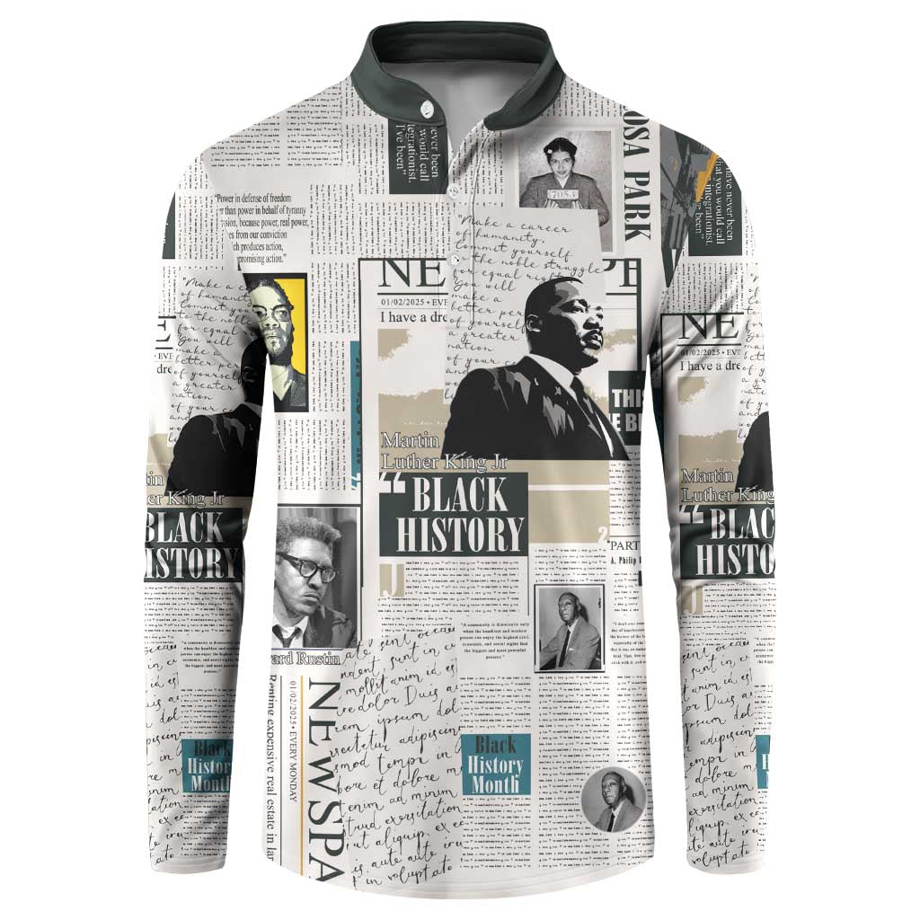 White henley sweatshirt with newspaper-style Black History collage print