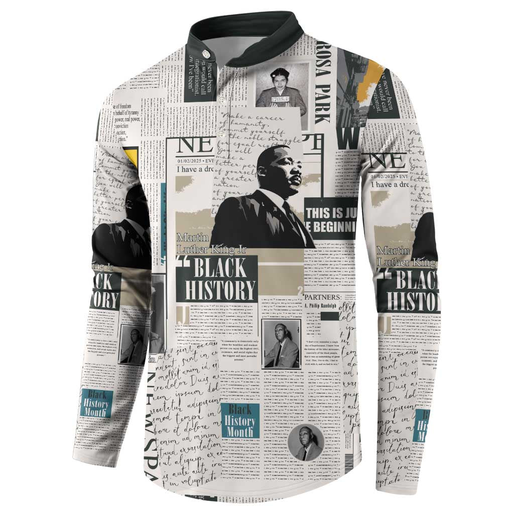 White henley sweatshirt with newspaper-style Black History collage, front view
