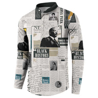 White henley sweatshirt with newspaper-style Black History collage, front view