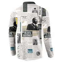 White henley sweatshirt with newspaper-style Black History collage print, back view