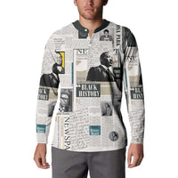 Men's white henley sweatshirt with newspaper-style Black History collage print