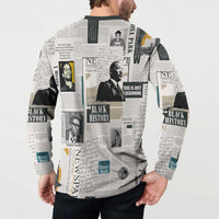 Men's white henley sweatshirt with newspaper-style Black History collage print, back