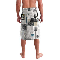 White lavalava wrap skirt with collage newspaper print and black-and-white portrait photos