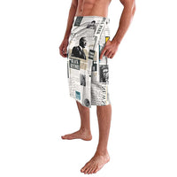 White lavalava wrap skirt with front collage newspaper print and portrait panels