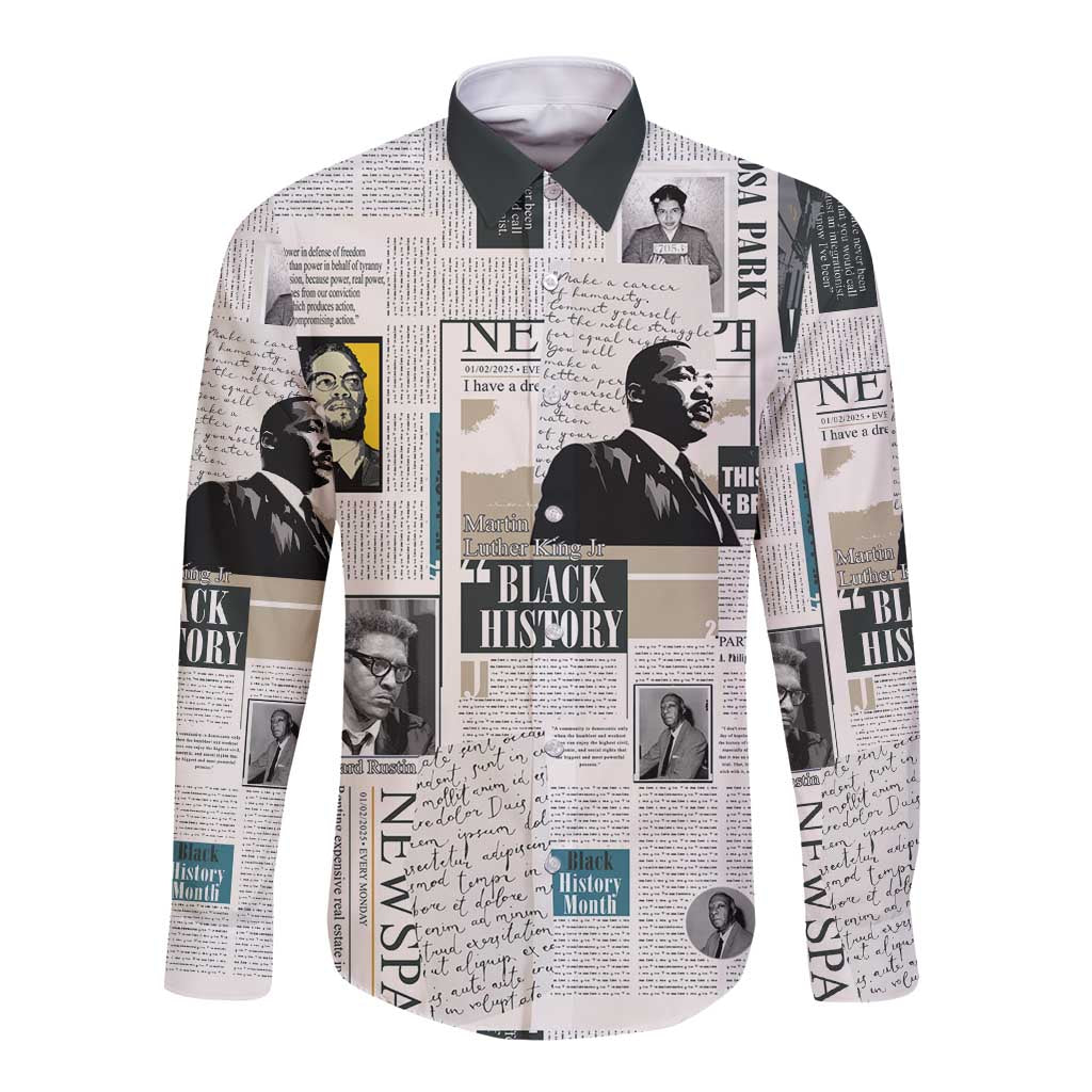 Long-sleeve button-up shirt with black-and-white newspaper print and collared neck