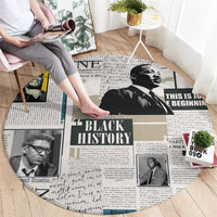 Circular area rug with black-and-white newspaper style collage and Black History text