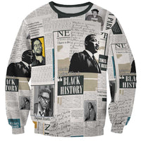 Unisex crewneck sweatshirt in light gray with black history newspaper collage print