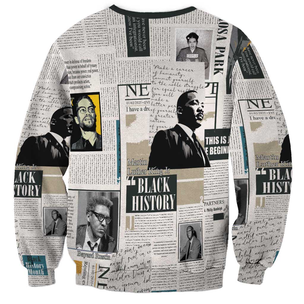 Unisex crewneck sweatshirt, light gray, newspaper-style portraits and Black History text on sleeves