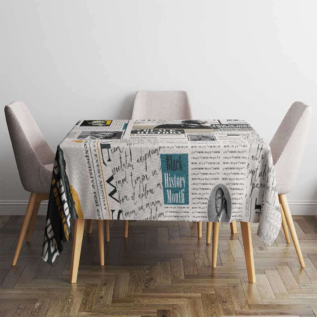 Newspaper print tablecloth on square table with black-and-white text and portrait graphic