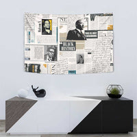 Rectangular newspaper-style tapestry with collage portraits and text blocks in black, gray, gold