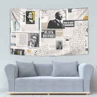 Newspaper print tapestry featuring a large black portrait and 'Black History' headline