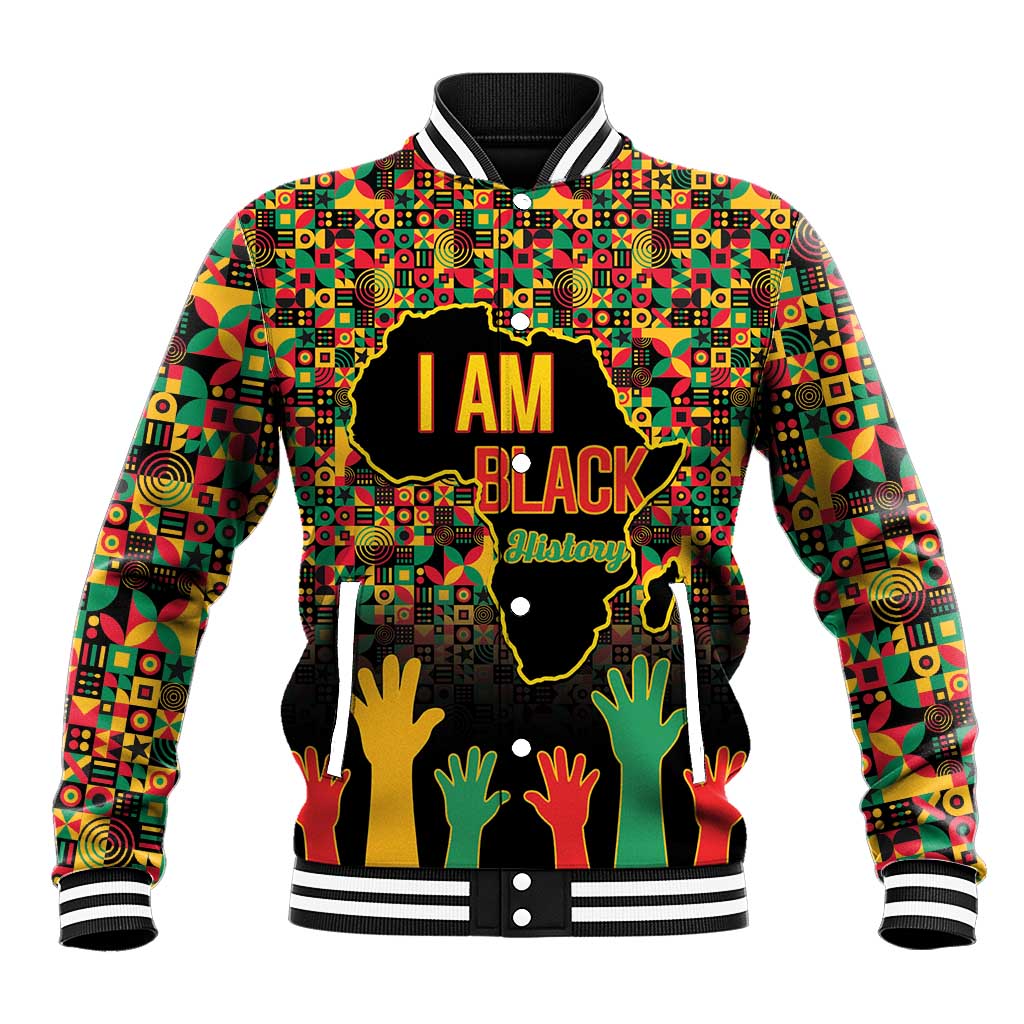 Unisex black baseball jacket with colorful patterned print, front text 'I AM BLACK'