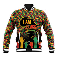Unisex black baseball jacket with colorful patterned print, front text 'I AM BLACK'