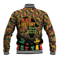 Unisex black baseball jacket with colorful patterned back print, 'BLACK HISTORY' text