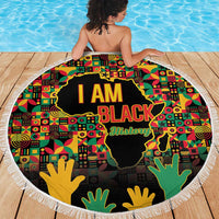 Black History Month beach blanket, round fringe edge, “I AM BLACK History” with green hands