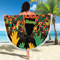 Black History Month beach blanket, round fringe edge, “I AM BLACK History” map design