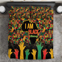 Black I AM Black bedding set with colorful hand graphic and map design.